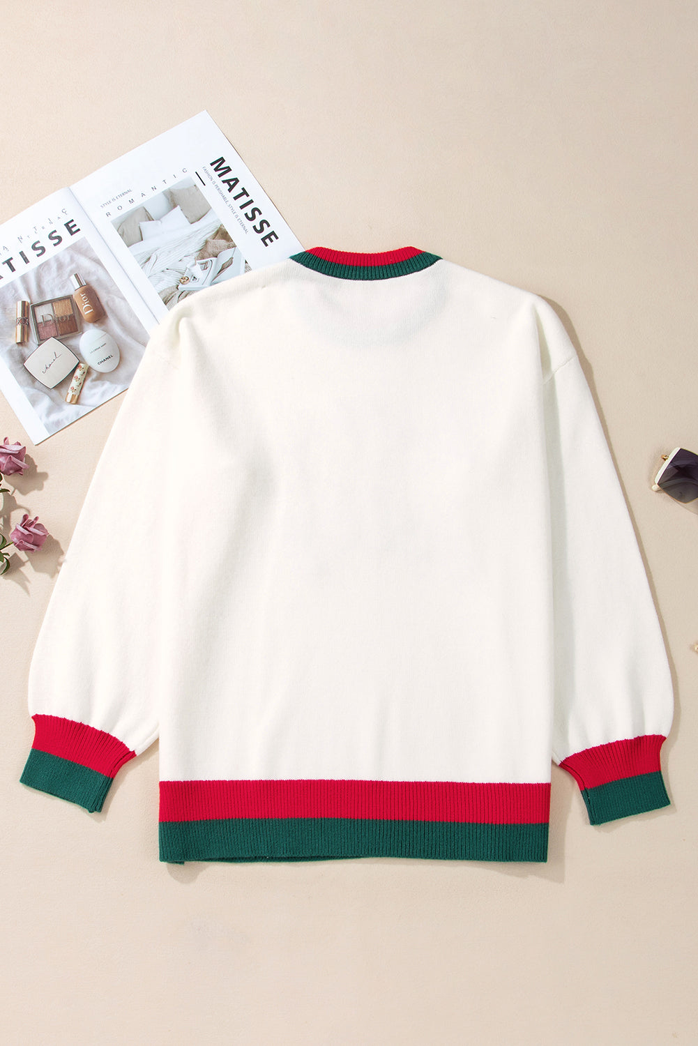 White Tinsel holly jolly Pattern Colorblock Edge Drop Shoulder Plus Size Sweater