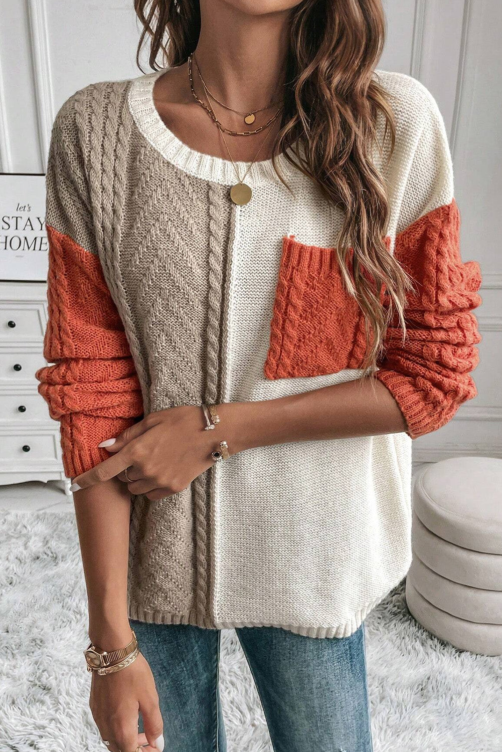 Gold Flame Colorblock Patched Pocket Drop Shoulder Sweater