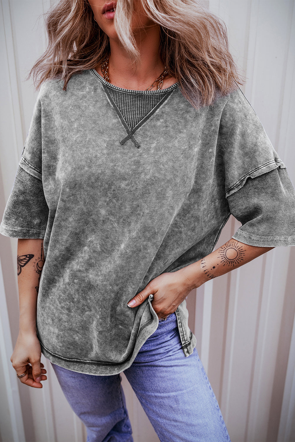 Gray Mineral Wash Exposed Seam Drop Shoulder Oversized Tee