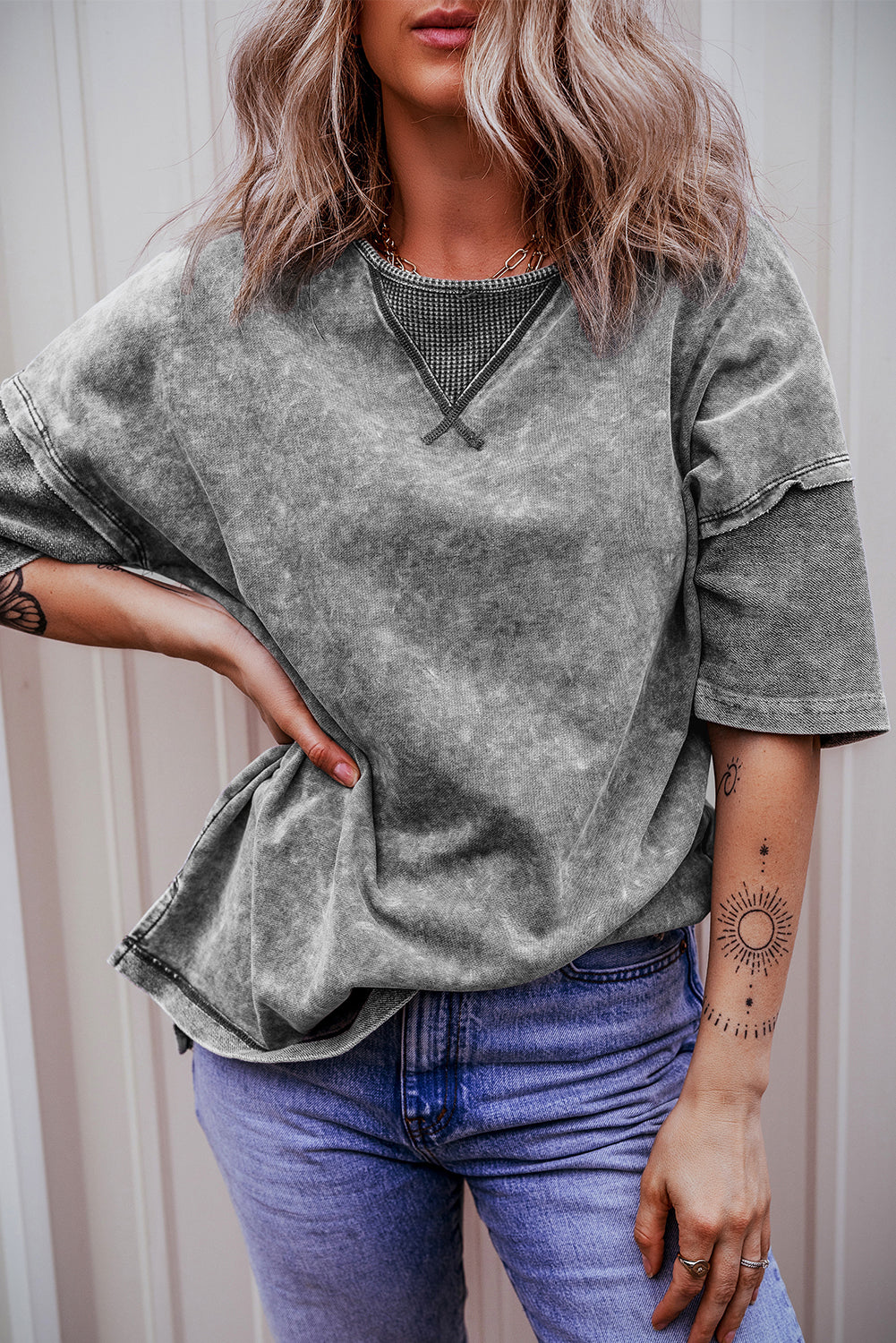 Gray Mineral Wash Exposed Seam Drop Shoulder Oversized Tee