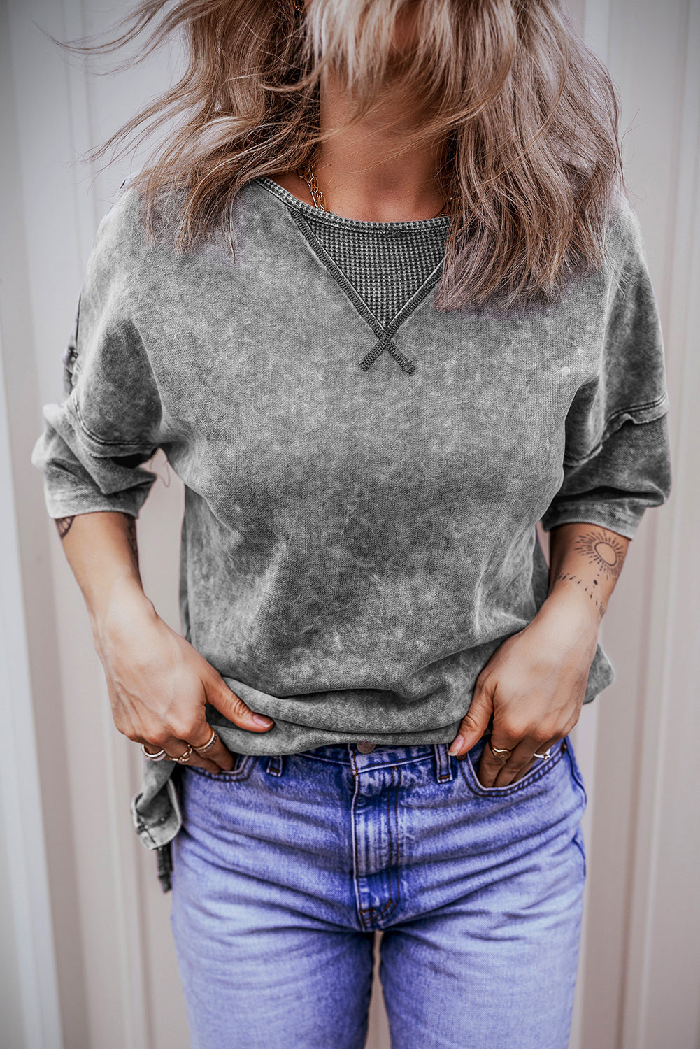 Gray Mineral Wash Exposed Seam Drop Shoulder Oversized Tee