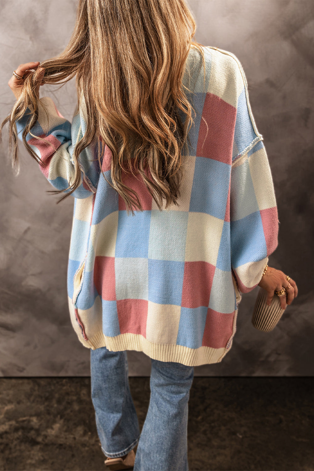 Light Blue Checkered Drop Shoulder Exposed Seam Open Front Cardigan