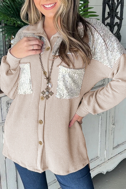 Beige Corded Sequin Shacket