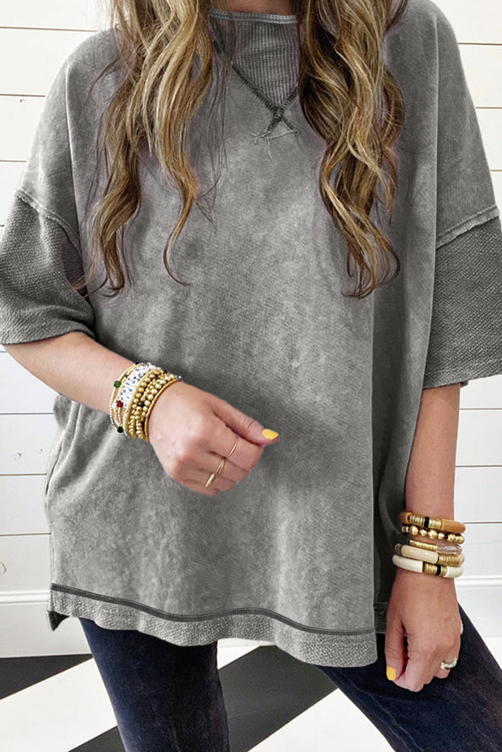 Gray Mineral Wash Exposed Seam Drop Shoulder Oversized Tee