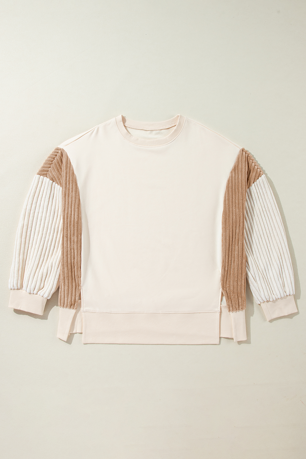 Apricot Corduroy Patchwork Drop Shoulder Long Sleeve Sweatshirt