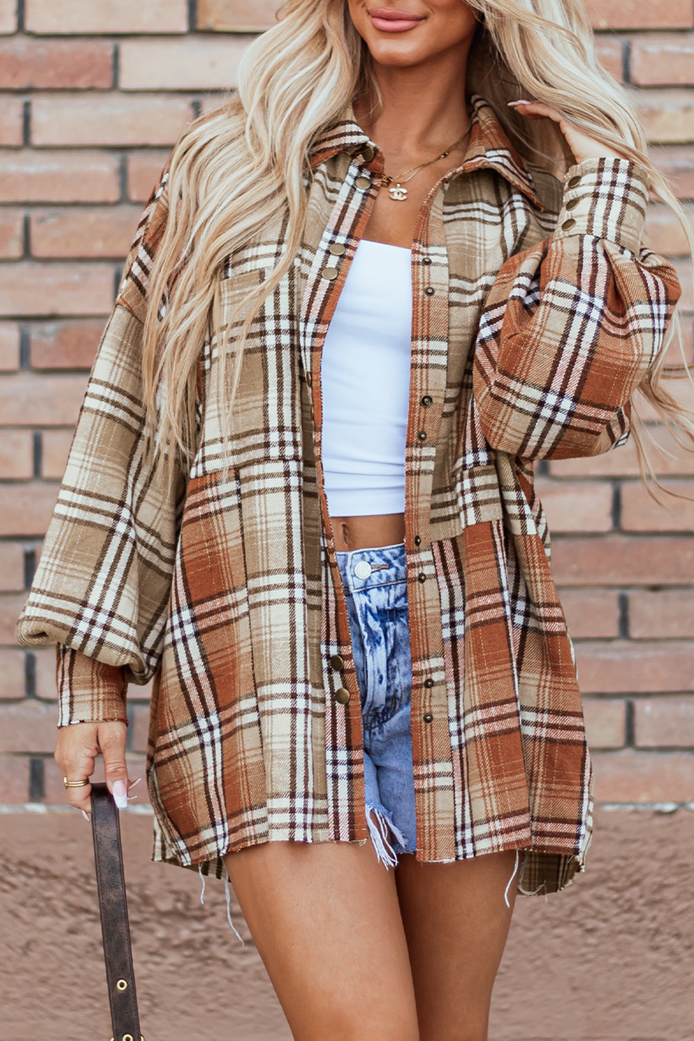 Khaki Plaid Colorblock Patchwork High Low Shacket