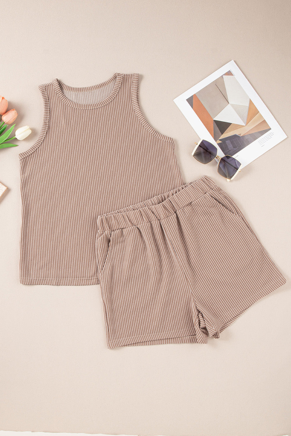 Smoke Gray Corded Sleeveless Top and Pocketed Shorts Set